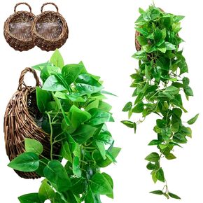 Tapeera 2-pack نباتات معلقة وهمية ديكور اصطناعي (مع السلال) - كرمة اللبلاب وهمية Pothos - ديكورات خارجية للفناء - نباتات صناعية معلقة في الداخل - كرمة معلقة على الحائط بأوراق وهمية