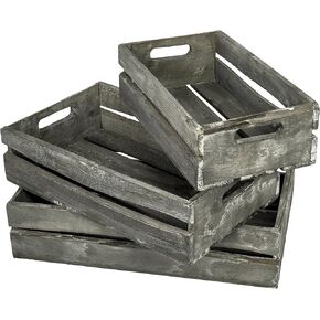 MyGift Rustic Weathered Gray Wood Nesting Storage Crates with Cutout Handles, Decorative Coastal Wooden Pallet Stackable Open Top Bin Boxes, 3 Piece Set