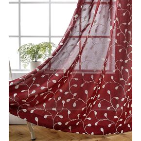 MIUCO Floral Embroidered Semi Sheer Curtains Faux Linen Grommet Curtains for Living Room 52 x 63 Inch 2 Panels, Burgundy in Saudi Arabia