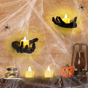 ديكورات الهالوين لديكور الحائط الداخلي - حوامل شموع الهالوين ذات هيكل عظمي أسود مع شبكات العنكبوت، 4 شموع LED للهالوين لديكور جدار المنزل الداخلي للهالوين in Kuwait