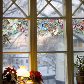 funlife Double-Sided Stained Glass Window Film, Watercolor Christmas Border Leaves Window Stickers, Static Cling Window Decals, Non-Adhesive Christmas Decor for Glass Door, Fern Leaves, Pinecone