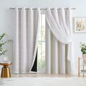 Jubilantex Full Blackout Curtains + Leaf Sheer Window Panels, Beige Mix and Match Style Double Layer Window Treatment Sets for Bedroom Living Room, 4 Panels 52" W x 63" L, Beige and White in Saudi Arabia