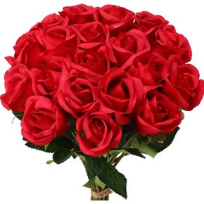 24 Pcs Artificial Roses Flowers Realistic Silk Rose Long Stem White Flowers White Roses Fake Red Silk Rose Bouquet Artificial Wedding Bouquet for Mother's Day Home Decor Centerpiece Party(Red)