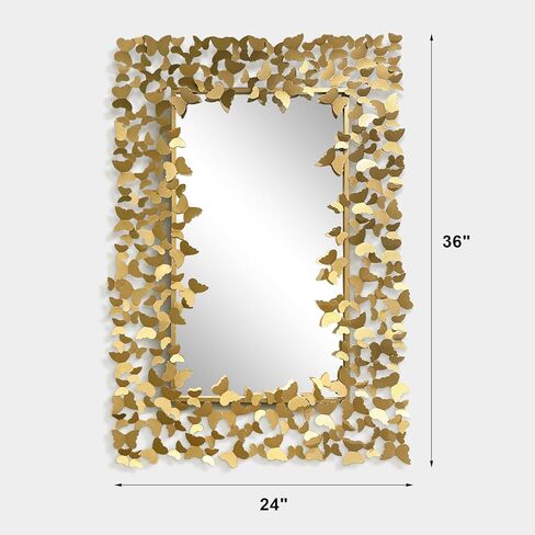 مراة حائط مزخرفة ذهبية عتيقة من جيسانتاب، مراة ديكور حائط على شكل فراشة، 36 انش × 24 انش، مرايا باروك مستطيلة تثبت على الحائط لغرفة المعيشة والحمام والمدخل in Kuwait