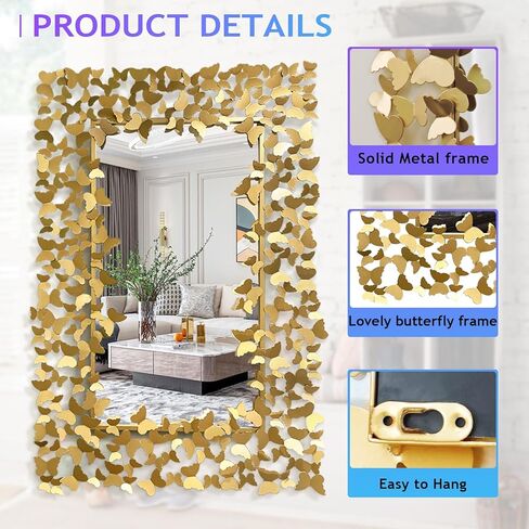 مراة حائط مزخرفة ذهبية عتيقة من جيسانتاب، مراة ديكور حائط على شكل فراشة، 36 انش × 24 انش، مرايا باروك مستطيلة تثبت على الحائط لغرفة المعيشة والحمام والمدخل in Kuwait