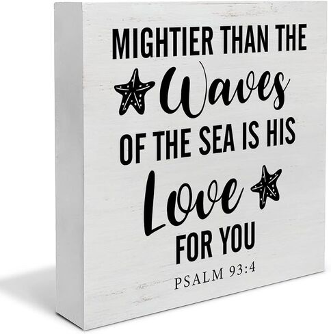 Bible Verse Wood Box Sign Decor Desk Sign Mightier Than the Waves of the Sea is His Love for You Wooden Box Block Sign Rustic Home Bedroom Living Room Shelf Wall Decoration in Saudi Arabia