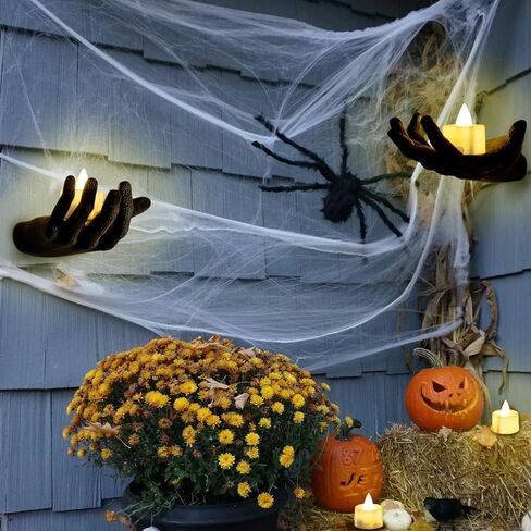 ديكورات الهالوين لديكور الحائط الداخلي - حوامل شموع الهالوين ذات هيكل عظمي أسود مع شبكات العنكبوت، 4 شموع LED للهالوين لديكور جدار المنزل الداخلي للهالوين in Kuwait