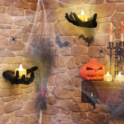 ديكورات الهالوين لديكور الحائط الداخلي - حوامل شموع الهالوين ذات هيكل عظمي أسود مع شبكات العنكبوت، 4 شموع LED للهالوين لديكور جدار المنزل الداخلي للهالوين in Kuwait