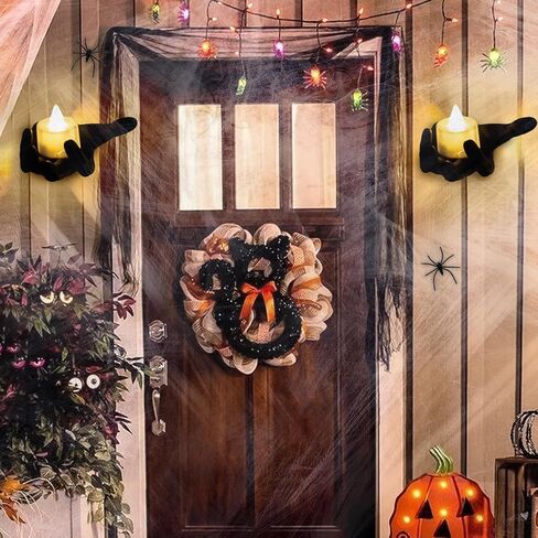 ديكورات الهالوين لديكور الحائط الداخلي - حوامل شموع الهالوين ذات هيكل عظمي أسود مع شبكات العنكبوت، 4 شموع LED للهالوين لديكور جدار المنزل الداخلي للهالوين in Kuwait