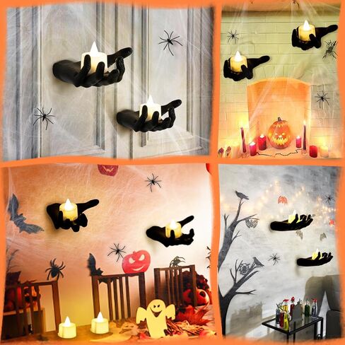 ديكورات الهالوين لديكور الحائط الداخلي - حوامل شموع الهالوين ذات هيكل عظمي أسود مع شبكات العنكبوت، 4 شموع LED للهالوين لديكور جدار المنزل الداخلي للهالوين in Kuwait