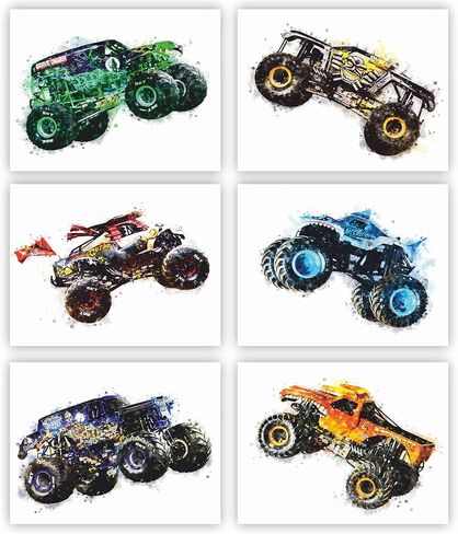 تصميم سيسوكا - مطبوعات ملصق Monster Truck - (20.32 × 25.4 سم غير مؤطرة مجموعة من 6) صور - ديكور حائط للأطفال - طباعة فنية بالألوان المائية - ورق مائي لغرفة الأطفال وغرفة النوم in Kuwait