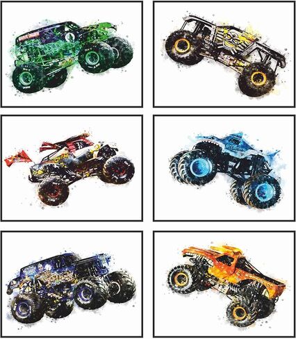 تصميم سيسوكا - مطبوعات ملصق Monster Truck - (20.32 × 25.4 سم غير مؤطرة مجموعة من 6) صور - ديكور حائط للأطفال - طباعة فنية بالألوان المائية - ورق مائي لغرفة الأطفال وغرفة النوم in Kuwait