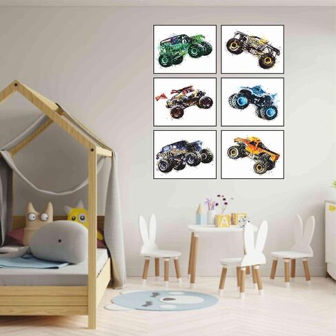 تصميم سيسوكا - مطبوعات ملصق Monster Truck - (20.32 × 25.4 سم غير مؤطرة مجموعة من 6) صور - ديكور حائط للأطفال - طباعة فنية بالألوان المائية - ورق مائي لغرفة الأطفال وغرفة النوم in Kuwait