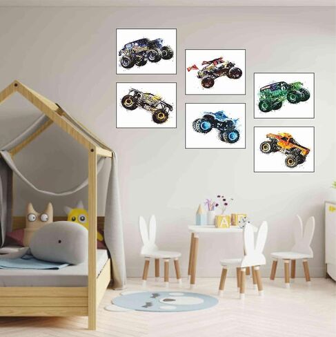 تصميم سيسوكا - مطبوعات ملصق Monster Truck - (20.32 × 25.4 سم غير مؤطرة مجموعة من 6) صور - ديكور حائط للأطفال - طباعة فنية بالألوان المائية - ورق مائي لغرفة الأطفال وغرفة النوم in Kuwait
