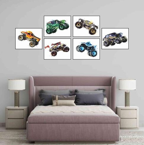 تصميم سيسوكا - مطبوعات ملصق Monster Truck - (20.32 × 25.4 سم غير مؤطرة مجموعة من 6) صور - ديكور حائط للأطفال - طباعة فنية بالألوان المائية - ورق مائي لغرفة الأطفال وغرفة النوم in Kuwait