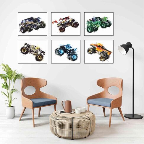 تصميم سيسوكا - مطبوعات ملصق Monster Truck - (20.32 × 25.4 سم غير مؤطرة مجموعة من 6) صور - ديكور حائط للأطفال - طباعة فنية بالألوان المائية - ورق مائي لغرفة الأطفال وغرفة النوم in Kuwait