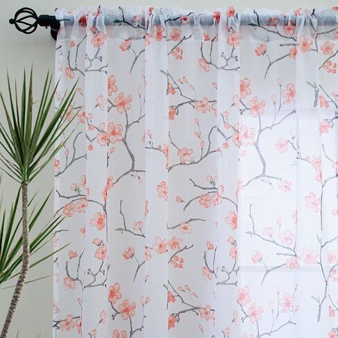 Floral Sheer Curtains 84 Inches Long 2 Panels Set, Cherry Flower Semi Sheer Blush Curtains for Living Room, Rod Pocket Curtains for Girls Bedroom, Light Pink Drapes in Kuwait