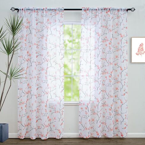 Floral Sheer Curtains 84 Inches Long 2 Panels Set, Cherry Flower Semi Sheer Blush Curtains for Living Room, Rod Pocket Curtains for Girls Bedroom, Light Pink Drapes in Kuwait