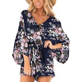 Bonkwa Women's Summer Rompers V Neck Floral Print Casual Romper High Waist Belt Long Baggy Sleeves Loose Short Jumpsuits in Kuwait