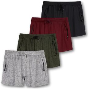Real Essentials 4 Pack: Womens Athletic Dry-Fit Lounge Shorts with Zipper Pockets (Available in Plus Size) in Saudi Arabia