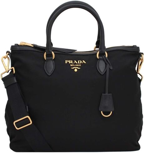 حقيبة يد نسائية من Prada Two Way Black Tessuto مصنوعة من جلد العجل 1BC060، أسود، مقاس كبير, أسود, L in Kuwait