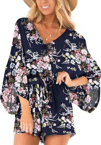 Bonkwa Women's Summer Rompers V Neck Floral Print Casual Romper High Waist Belt Long Baggy Sleeves Loose Short Jumpsuits in Kuwait