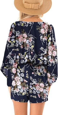 Bonkwa Women's Summer Rompers V Neck Floral Print Casual Romper High Waist Belt Long Baggy Sleeves Loose Short Jumpsuits in Kuwait