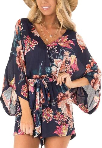 Bonkwa Women's Summer Rompers V Neck Floral Print Casual Romper High Waist Belt Long Baggy Sleeves Loose Short Jumpsuits in Kuwait