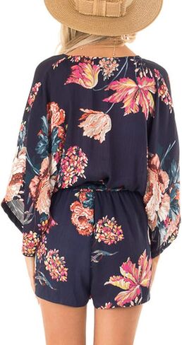 Bonkwa Women's Summer Rompers V Neck Floral Print Casual Romper High Waist Belt Long Baggy Sleeves Loose Short Jumpsuits in Kuwait