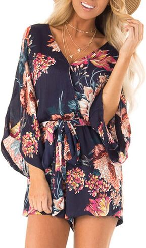 Bonkwa Women's Summer Rompers V Neck Floral Print Casual Romper High Waist Belt Long Baggy Sleeves Loose Short Jumpsuits in Kuwait