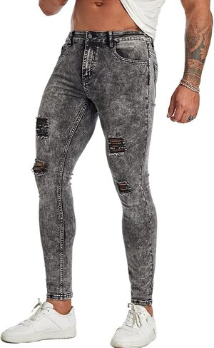 FIILIMER Men's Super Skinny Stretch Tapered Leg Slim Fit Ripped Distressed Jeans in Saudi Arabia