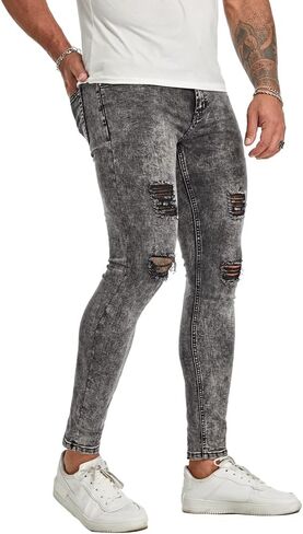 FIILIMER Men's Super Skinny Stretch Tapered Leg Slim Fit Ripped Distressed Jeans in Saudi Arabia