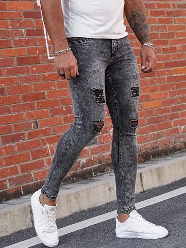 FIILIMER Men's Super Skinny Stretch Tapered Leg Slim Fit Ripped Distressed Jeans in Saudi Arabia