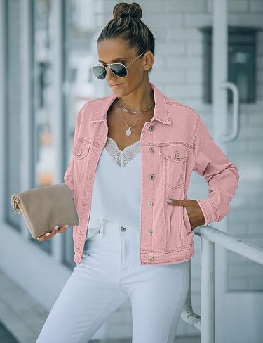 luvamia Women's Basic Button Down Stretch Fitted Long Sleeves Denim Jean Jacket in Saudi Arabia