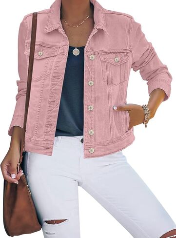 luvamia Women's Basic Button Down Stretch Fitted Long Sleeves Denim Jean Jacket in Saudi Arabia
