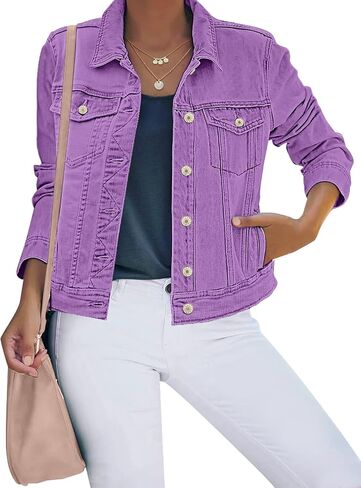 luvamia Women's Basic Button Down Stretch Fitted Long Sleeves Denim Jean Jacket in Saudi Arabia