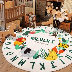 Round Kids ABC Rug,4ft Soft Alphabet Nursery Rug for Kids Room Playroom,Non-Slip Cute Animals Playroom Rug,Washable Educational Area Rug for Kids Room Nursery Bedroom Living Room Classroom