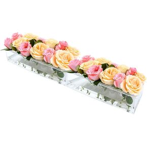 مزهرية زهور اكريليك من قطعتين، قطعة مركزية مستطيلة لطاولة الطعام، مزهرية عصرية من الاكريليك الشفاف 23.6 انش، مزهرية مستطيلة طويلة ومنخفضة لتنظيم الزهور للمنزل وحفلات الزفاف 24 فتحة in Kuwait