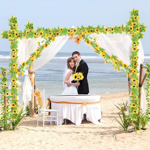 4 Pack Artificial Sunflower Garlands Decor, Silk Sunflower Vine Artificial Flowers Garland with Green Leaves for Wedding Party Wall Decoration in Saudi Arabia