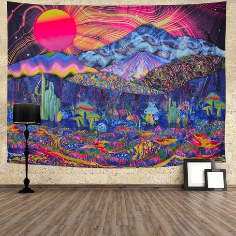 Ameyahud Blacklight Mountain نسيج مخدر الشمس نسيج الأشعة فوق البنفسجية رد الفعل الخيال النبات نسيج ملون طبيعة المناظر الطبيعية الجدار شنقا نسيج لديكور الغرفة H51.2 * W59.1 in Kuwait