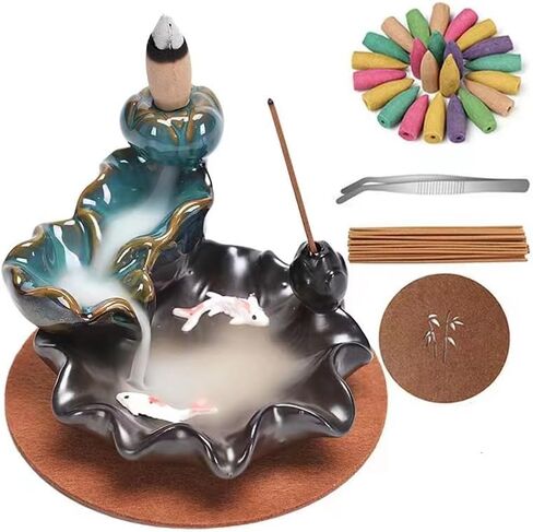 Incense Burner, Ceramic Backflow Incense Holder,Incense Waterfall with 50 Backflow Incense Cones&30 Incense Sticks,for Namaste Yoga Meditation and Home Decor Gift in Saudi Arabia