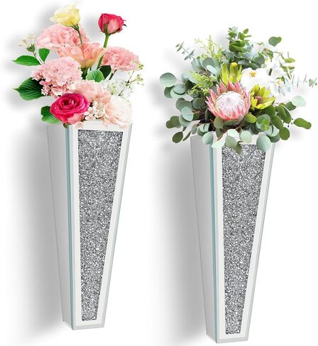 مجموعة مزهرية للزهور مكونة من قطعتين، مزهرية فضية معلقة على الحائط من الكريستال الماسي لديكور الحائط والزهور والنباتات، ديكور منزلي فاخر لتزيين الحائط وغرفة المعيشة وغرفة النوم وغرفة الطعام in Kuwait