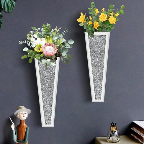مجموعة مزهرية للزهور مكونة من قطعتين، مزهرية فضية معلقة على الحائط من الكريستال الماسي لديكور الحائط والزهور والنباتات، ديكور منزلي فاخر لتزيين الحائط وغرفة المعيشة وغرفة النوم وغرفة الطعام in Kuwait