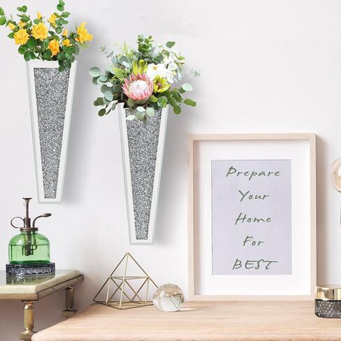 مجموعة مزهرية للزهور مكونة من قطعتين، مزهرية فضية معلقة على الحائط من الكريستال الماسي لديكور الحائط والزهور والنباتات، ديكور منزلي فاخر لتزيين الحائط وغرفة المعيشة وغرفة النوم وغرفة الطعام in Kuwait