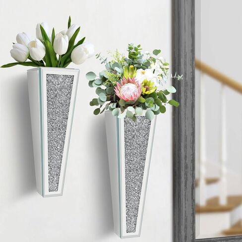 مجموعة مزهرية للزهور مكونة من قطعتين، مزهرية فضية معلقة على الحائط من الكريستال الماسي لديكور الحائط والزهور والنباتات، ديكور منزلي فاخر لتزيين الحائط وغرفة المعيشة وغرفة النوم وغرفة الطعام in Kuwait