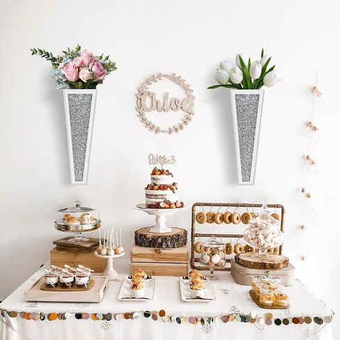 مجموعة مزهرية للزهور مكونة من قطعتين، مزهرية فضية معلقة على الحائط من الكريستال الماسي لديكور الحائط والزهور والنباتات، ديكور منزلي فاخر لتزيين الحائط وغرفة المعيشة وغرفة النوم وغرفة الطعام in Kuwait