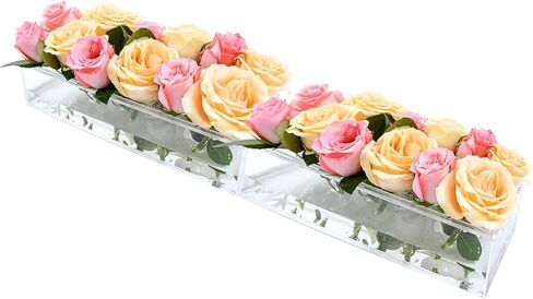 مزهرية زهور اكريليك من قطعتين، قطعة مركزية مستطيلة لطاولة الطعام، مزهرية عصرية من الاكريليك الشفاف 23.6 انش، مزهرية مستطيلة طويلة ومنخفضة لتنظيم الزهور للمنزل وحفلات الزفاف 24 فتحة in Kuwait