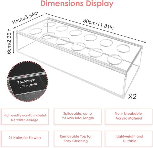 مزهرية زهور اكريليك من قطعتين، قطعة مركزية مستطيلة لطاولة الطعام، مزهرية عصرية من الاكريليك الشفاف 23.6 انش، مزهرية مستطيلة طويلة ومنخفضة لتنظيم الزهور للمنزل وحفلات الزفاف 24 فتحة in Kuwait