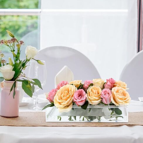 مزهرية زهور اكريليك من قطعتين، قطعة مركزية مستطيلة لطاولة الطعام، مزهرية عصرية من الاكريليك الشفاف 23.6 انش، مزهرية مستطيلة طويلة ومنخفضة لتنظيم الزهور للمنزل وحفلات الزفاف 24 فتحة in Kuwait