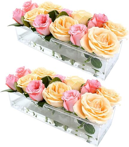 مزهرية زهور اكريليك من قطعتين، قطعة مركزية مستطيلة لطاولة الطعام، مزهرية عصرية من الاكريليك الشفاف 23.6 انش، مزهرية مستطيلة طويلة ومنخفضة لتنظيم الزهور للمنزل وحفلات الزفاف 24 فتحة in Kuwait